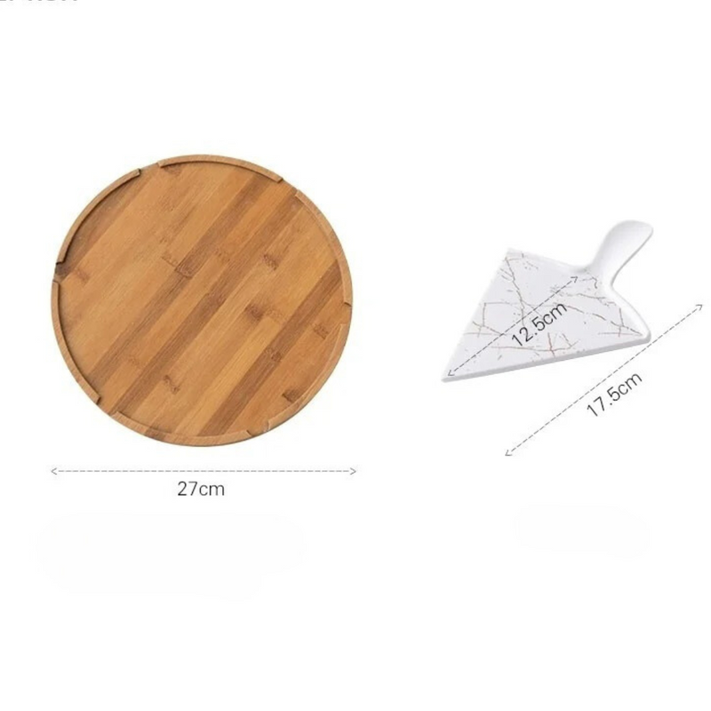 Conjunto de Pratos de Porcelana Triangulares e Base Giratória de Bambu