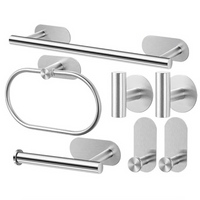 Transforme seu banheiro com o Conjunto de Suportes em Aço Inoxidável 304. Inclui barra de toalha, anel de toalha, suporte para papel higiênico e gancho para roupão. Acabamento em níquel escovado, durável e elegante.