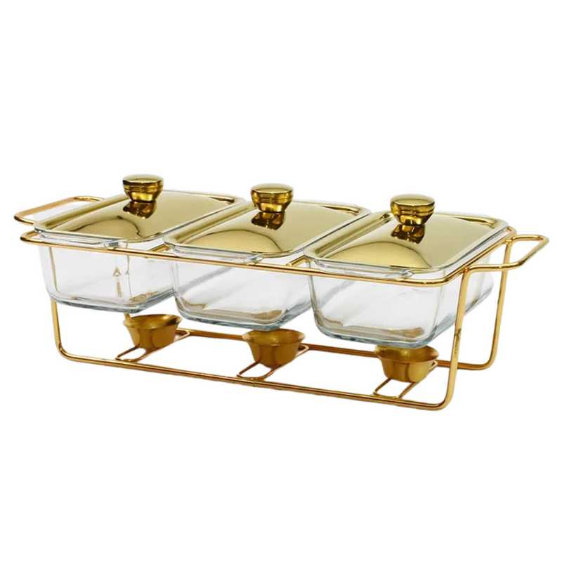 Conjunto de Travessas para Servir com Aquecedor Ouro e Prata
