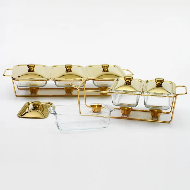 Conjunto de Travessas para Servir com Aquecedor Ouro e Prata