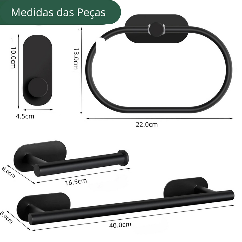 Transforme seu banheiro com o Conjunto de Suportes em Aço Inoxidável 304. Inclui barra de toalha, anel de toalha, suporte para papel higiênico e gancho para roupão. Acabamento em níquel escovado, durável e elegante.