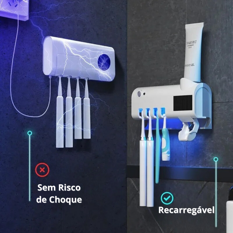 Mantenha suas escovas de dente higienizadas com o Dispensador Automático de Pasta de Dente UV. Recarregável via USB, com fixação sem perfuração e carregamento solar, é perfeito para um banheiro organizado e livre de bactérias.