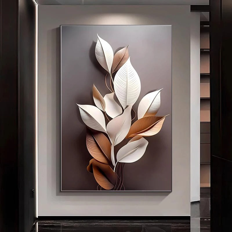 Pintura de Folhas e Flores de Luxo em Tela para Decoração