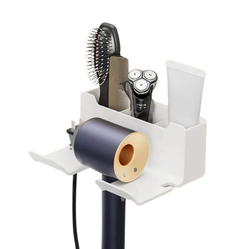 Mantenha seu banheiro organizado com o Suporte Multifuncional para Secador de Cabelo. Instalação sem pregos, fixação segura e espaço para armazenar plugues. Praticidade e proteção em um único produto!