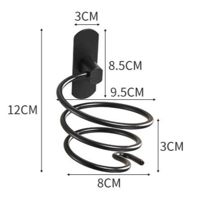 Organize seu banheiro com o Suporte em Espiral para Secador de Cabelo. Montagem na parede, feito de metal laqueado, suporta até 10 kg. Prático, durável e elegante.