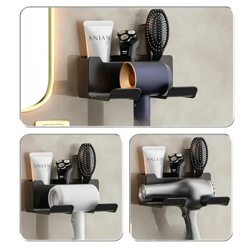 Mantenha seu banheiro organizado com o Suporte Multifuncional para Secador de Cabelo. Instalação sem pregos, fixação segura e espaço para armazenar plugues. Praticidade e proteção em um único produto!