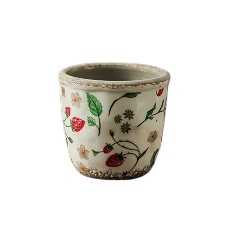 Vaso em Cerâmica com Flores e Morangos