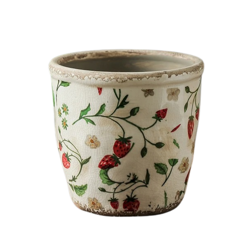 Vaso em Cerâmica com Flores e Morangos