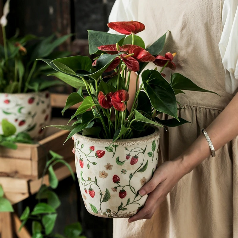 Vaso em Cerâmica com Flores e Morangos